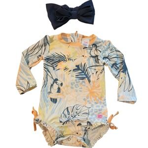 RuffleButts Girls Tropical Toucan Rash Guard Swimsuit and Headband Set 12-18M